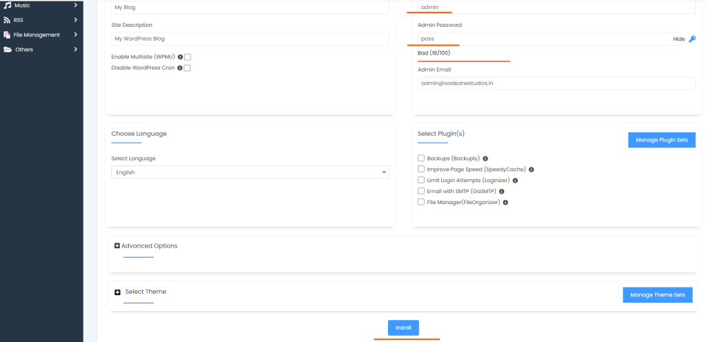 install wordpress option